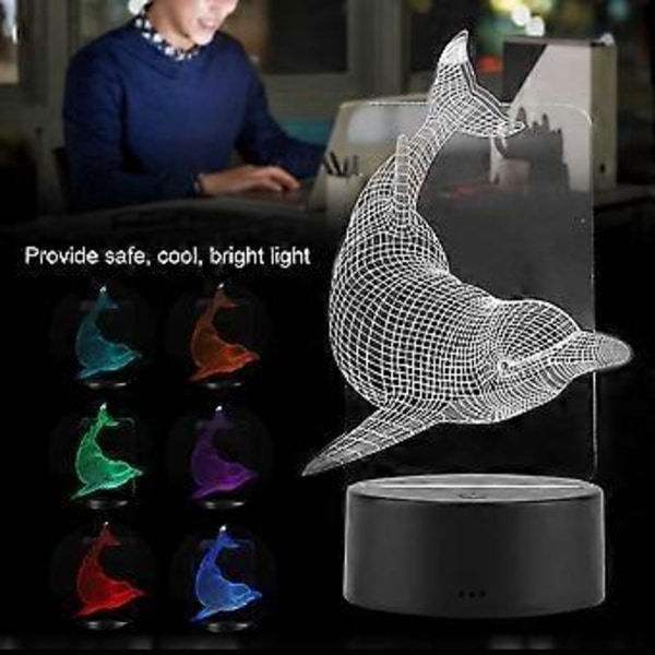 Touch Kontrol Lampe 3D Natlampe Akryl Delfin Panel + USB Kabel (Sort + Fjernbetjening)