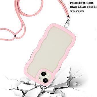 För iPhone 15 Vågformad Ram Telefonfodral PC+TPU Transparent Skal med Justerbar Rem