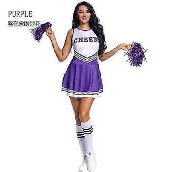 Cheerleadingkläder för damer, femfärgad ärmlös fotbolls-cheerleadingklänning för bebisar, damsockor/YY(XL lila1)