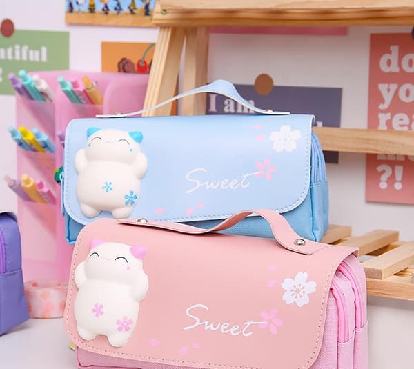 Söt Kawaii Squishy Katt Pennfodral Väska Skolmaterial Pennfodral