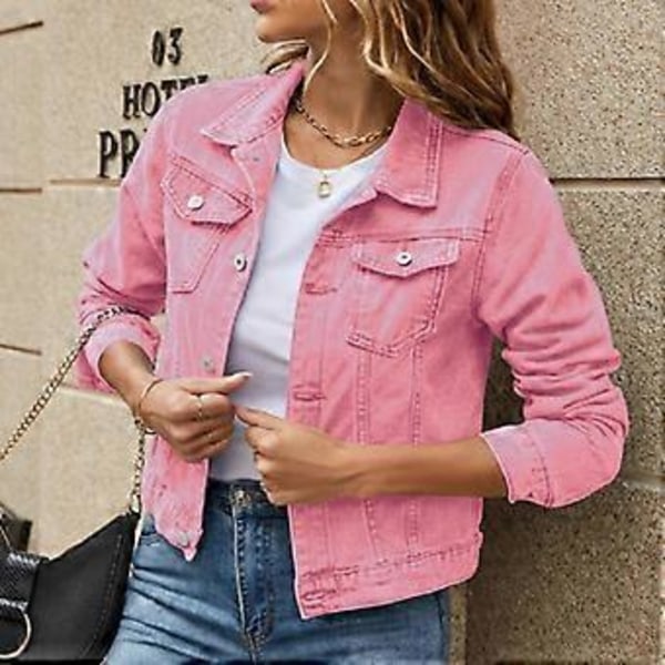 Dame Høst Denim Korte Jakker Damer Vinter Enkeltspent Langermet Nedfelt Krage Jeansjakker (XL rosa)