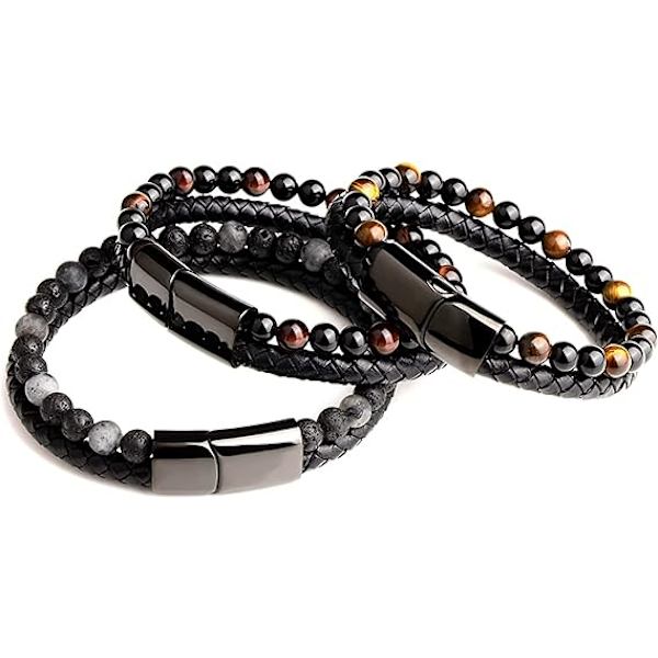 Ægte læder vulkansk sten 21cm original herre armbånd lavet