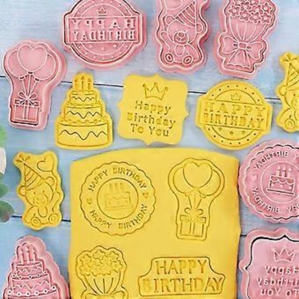 8 stycken Happy Birthday kakpressformar för bakning av kakor, kakpressformar för födelsedag, kakformssats, köksredskap, plast (födelsedag)