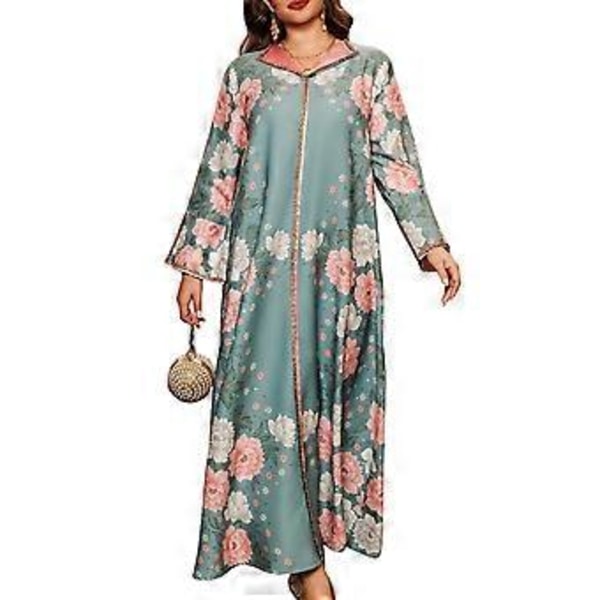Islamisk Kvindekjole Fuld Længde Kaftan Kjole Blomsterprint Kjole Fuld Længde Islamisk Kjole Mellemøstlig Kåbe Grøn XXL(XXL Grøn)