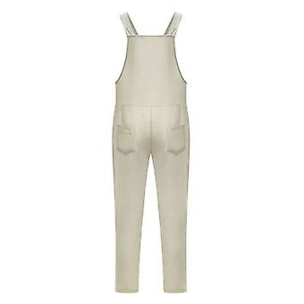 Dame vår sommer casual løse lange bib bukser jumpsuits baggy bomullslin look rompers overalls bukser pluss størrelse (S grå hvit)