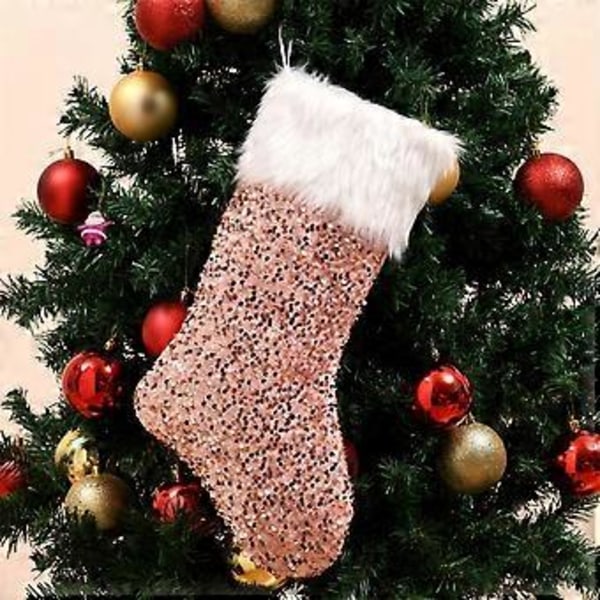 Paljett Plysch Julstrumpor med Snodd Portabla Julklappspåsar Juldekoration för Öppen Spis och Julgransdekor
