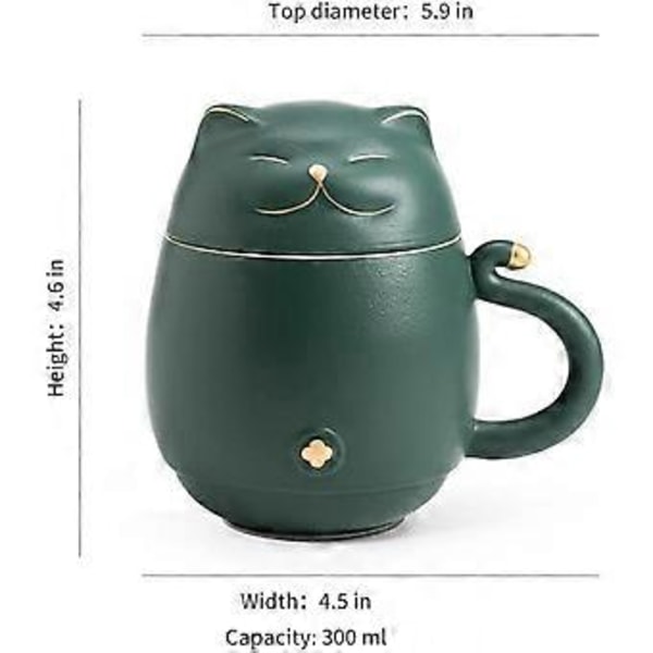 Söt Katt Tekopp med Infuser Lyckokatt Kaffe Mugg med Lock Keramik Mugg för Kattälskare 300 ml (Mintgrön)