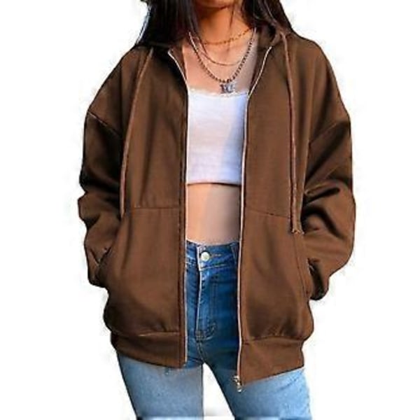 Luvtröja med dragsko, långa ärmar, fickor, dragkedja, höst enfärgad dam sweatshirt jacka (M kaffe)