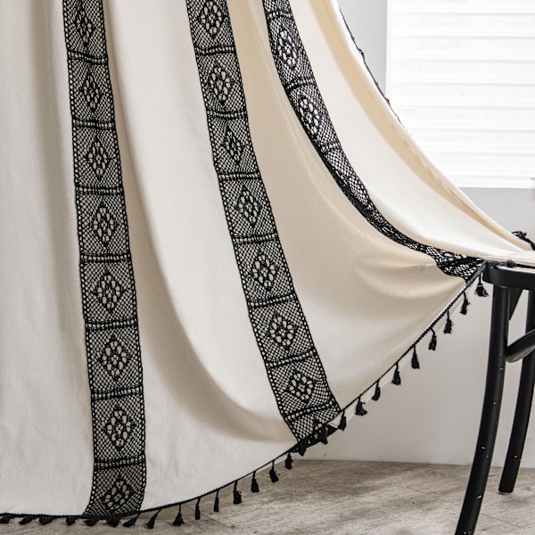 Boho-stil sorte stripete vindusgardiner med frynser i bomull/lin