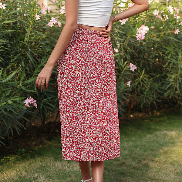 Kvinnors Boho Blommig Knytning Hög Midja Wrap Slit Midi Klänning röd l