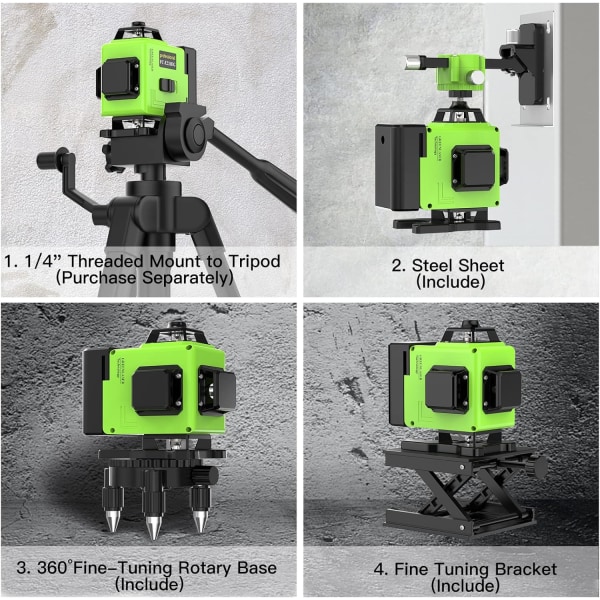 360°x 4 Laserniveau, Selvjusterende 3D Lodret og Vandret