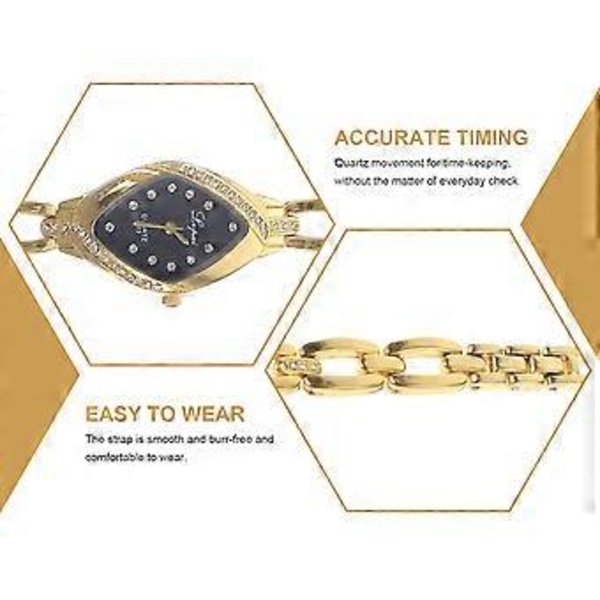 Lvpai P128 Damklocka med Rhinestones, Stålband, Analog Kvarts (Guld Svart)