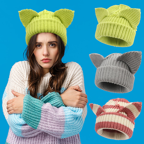 Katteørehue Sød Beanie Hat Strikket Hætte Varmt Slouchy Hæklet Hat