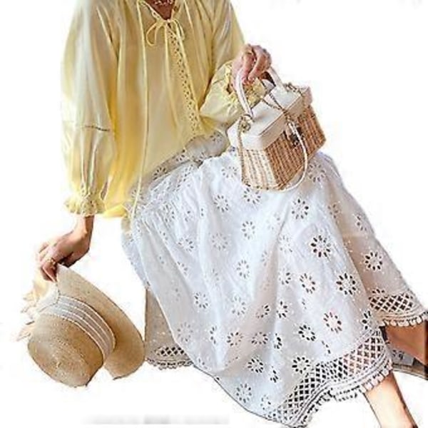 15% RABATT Mode Dam Sommar Casual Färg Broderad Volangkjol Maxi (Vit-Vit)