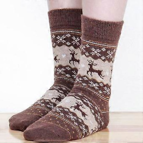 Damsockor i nordisk Fair Isle-mönster med julmotiv, älg, bomull, festliga strumpor (3 par, kaffe)