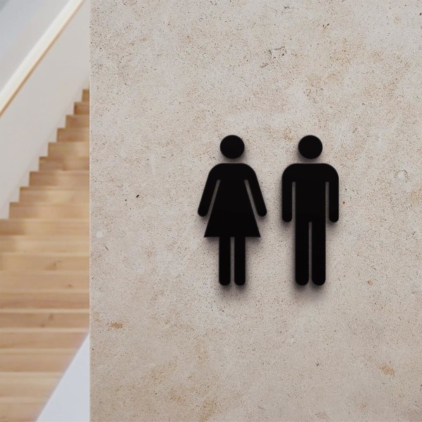 Präglad toalettnamnskylt (11x18 cm) Svart - WCL Toilet Design självhäftande set. Toalettskyltar för funktionshinder