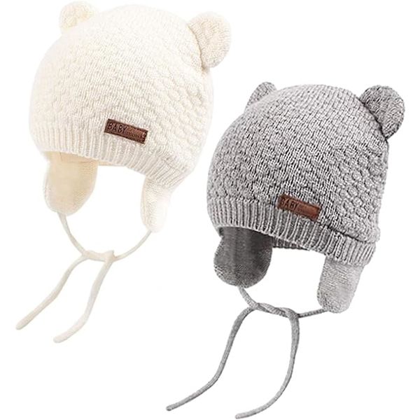（L, 6-12 måneder）Baby Hat Sød Bjørn Toddler Ørevarmer Hue Varm til