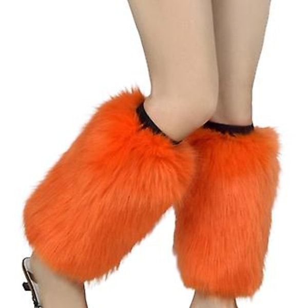 Women Faux Fur Leg Warmers Boot Covers Vibrant Neon Furry Plush Leggings Cover ( Orange)