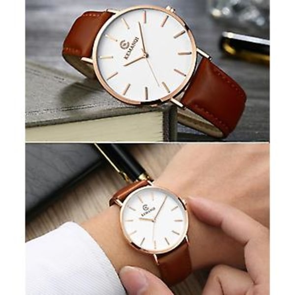 Trendy, ultratynn minimalistisk klokke for menn, slank lærreim, rustfritt stål, Quartz (Brun)