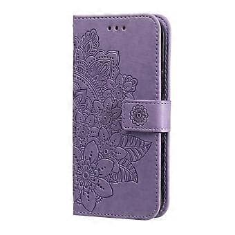 Läderfodral med präglade 7-bladiga blommor för iPhone 15 Pro (Ljuslila)