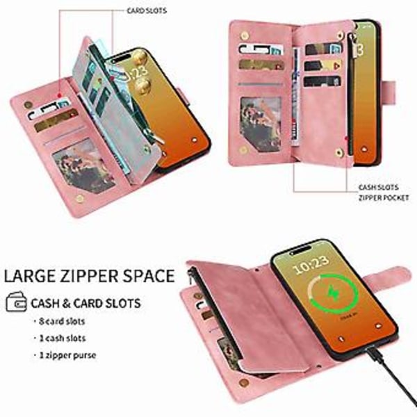 Tegnebog Lynlås Læder Telefon Etui Til iPhone 15 Pro Max (Pink)