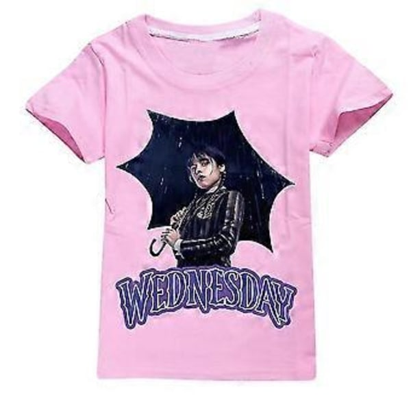 Addams Family Pige T-shirt Film Wednesday Addams Tema Kortærmet Top Tee Bluse -NMAOV(9-10Y Pink)