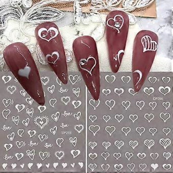 5D Vita Hjärta Nagelkonst Dekaler Valentinsdag Kärlek Präglad Nagel Dekaler Romantisk Fjäril Blommor Ihålig Hjärta Utsökt Glidande Nagel Dekoration Manikyr