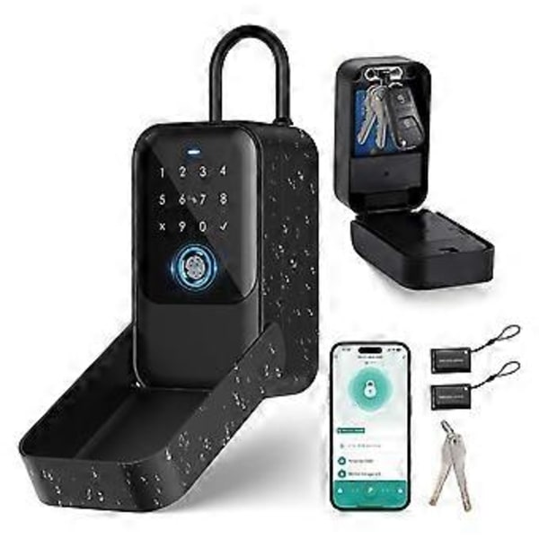 Smart Nøgleboks, Bluetooth Låseboks med Fingerprintscanning & Adgangskode & Adgangskort & Manuel Nøgle & App