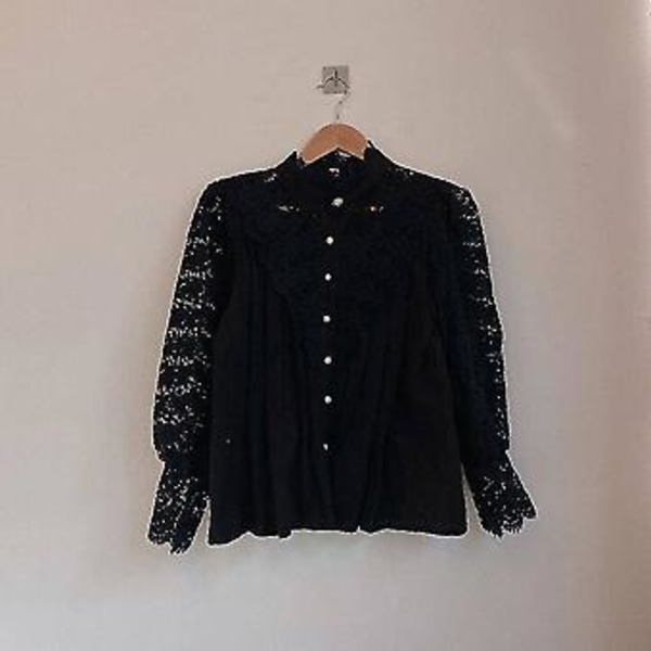 Langærmet Damebluse med Blonder, Fransk Bluser, Blomsterudskæring, Stående Krave (XL Sort)