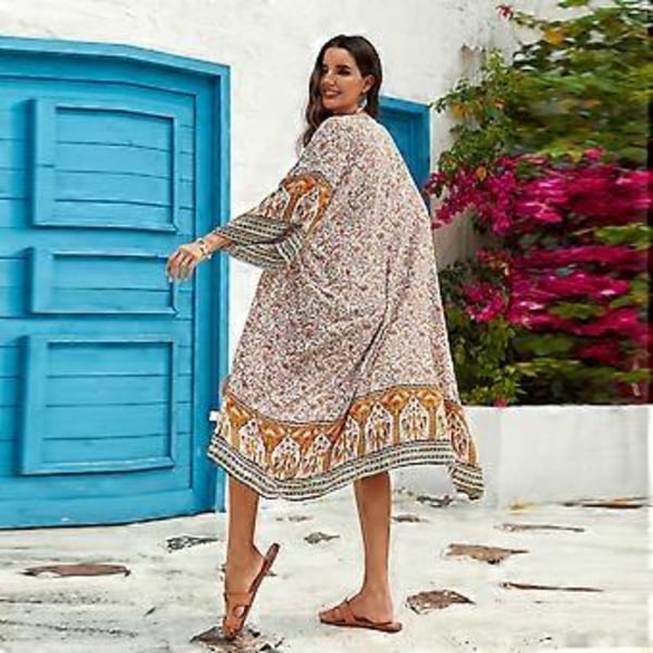 Kimono-koftor för damer, öppen framsida, bohemisk blommig lös sommartopp med bälte, långärmad strandklänning, baddräktsöverdrag Orange (Orange)