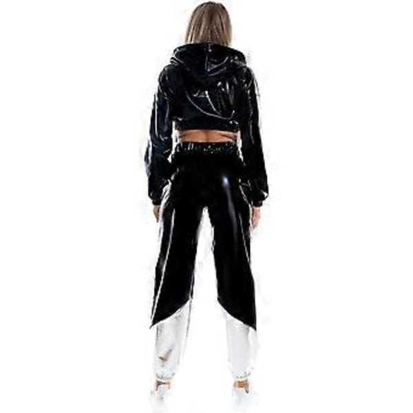 Rave-outfit för damer, glänsande crop top-hoodie, metalliska lediga långbyxor, hoodie-träningssweatshirt, discodans-klubbkläder (XX-Large Svart)
