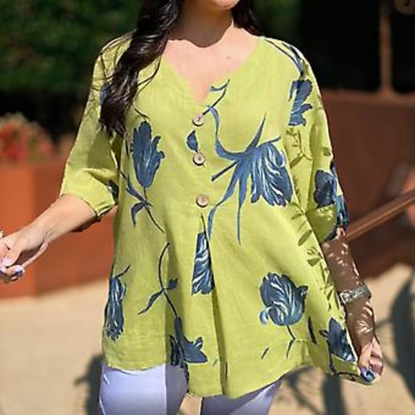 Sommer Casual Skjorte Kvinder V-hals Knapper Dekoration 3/4 Ærme Bluser Blomstertrykt Løstsiddende Trøje Topper Streetwear (L Lyseblå)