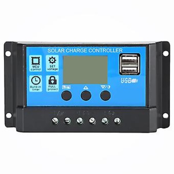60A/50A/40A/30A/20A/10A Solcelleladningsregulator Automatisk PWM-regulatorer LCD-display Dobbelt USB-udgang (Sort)