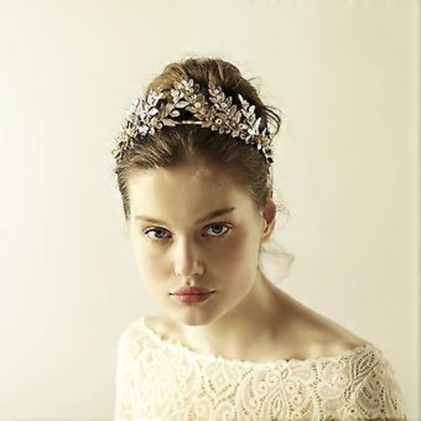 Tredimensjonale Blader High-end Perle Bryllup Hodebånd Rhinestone Tiara Hodeplagg Kvinner Bryllup Hårtilbehør (Gull)