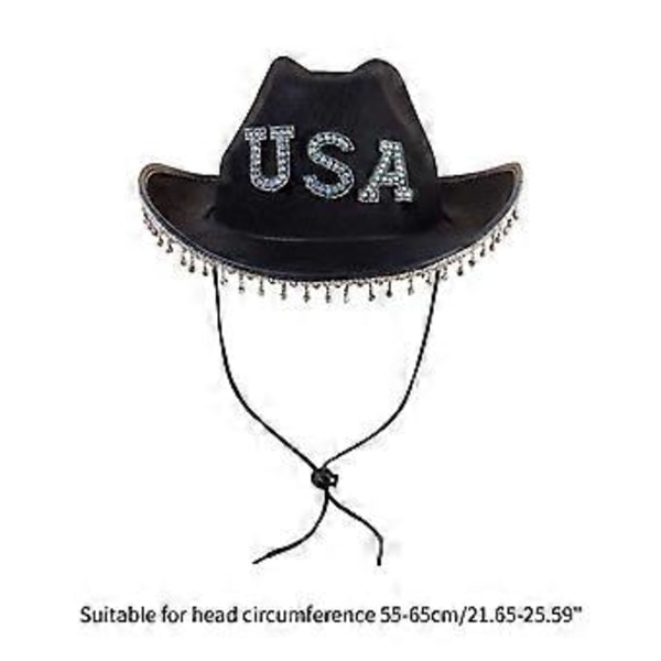 Cowboyhat med Rhinestone-skyggedesign til Kvinder Piger Åndbar Cowboyhat med Justerbart Reb Western Style Filthat Sort( )