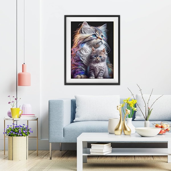 5D Diamantmålningssats komplett katt och kattunge, runda diamanter, D