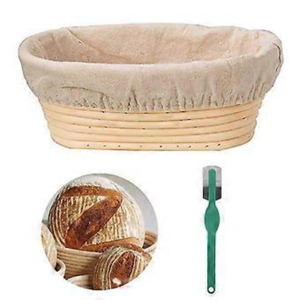 Oval Rattan Hævekurv til Brøddej med Klæde og Skraber (21x14x8cm)