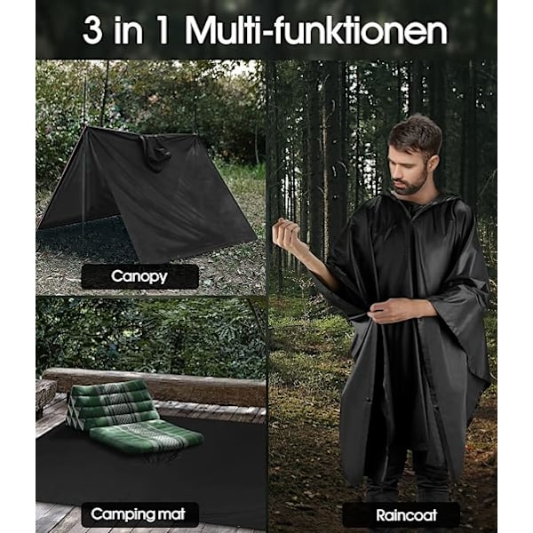 Musta, 140 * 200cm vedenpitävä poncho huppu, 3-in-1 sotilas monitoim
