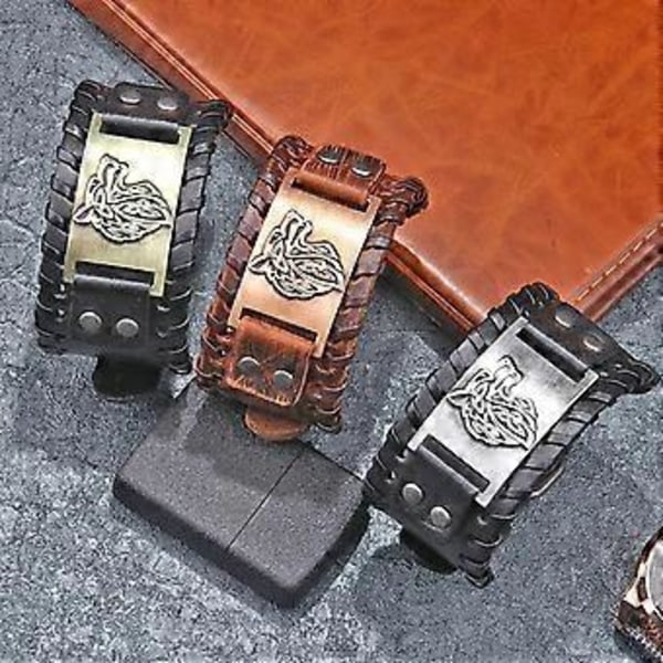 Retro Brett Metall Läderarmband för Män Punk Brett Manschettarmband Rock(varg huvud,silver)(STORLEK 1 )