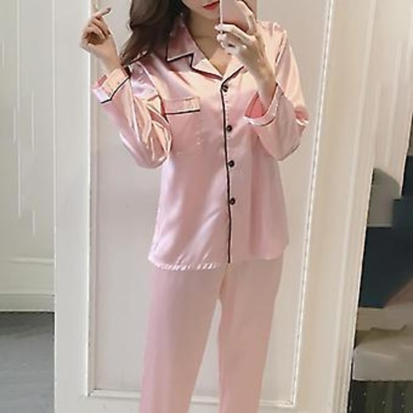 Kvinders Satin Silke Look Natskjorte Pyjamas Langærmet Natsæt (XL Pink)