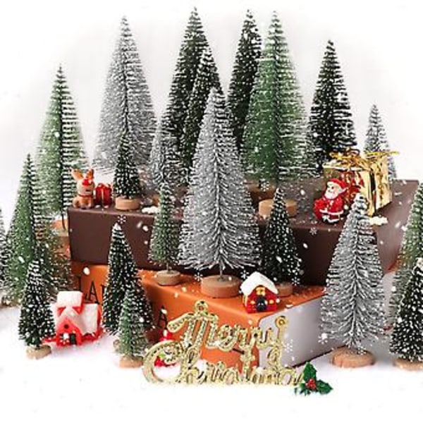 Miniatyr Julgran - Konstgjord Julgran Flaskhårsjulgran, Sisal Snöträd med Träbas för Juldekoration Julparty