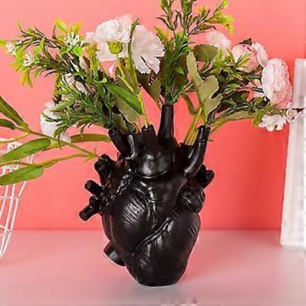 Hjärtvas för blommor, blomkruka i harts, kreativ hjärtformad konstvas, skrivbordsplanteringsskulpturer prydnadshantverk (svart)