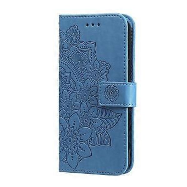 7-blads blomster preget lærveske for iPhone 15 Plus (Blå)