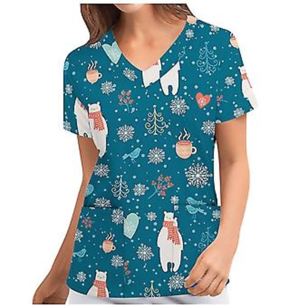 Julskjorta för kvinnor, sjuksköterskeuniform, kortärmad, V-ringad, julblus, topp (S Himmelblå)