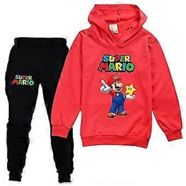Super Mario Klädset för Barn Pullover Hoodie Tröja med Huva Topp Mjukisbyxor Joggingbyxor Träningsdräkt För Pojkar Flickor -NMAOV(7-8 År Röd)