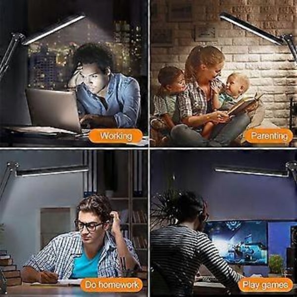 Justerbar LED Skrivebordslampe Leselys med Klemme Metall Svingarm Bordlampe 10 Lysstyrkenivåer Skrivebordslamper for Hjemmekontor Arbeid Lesing