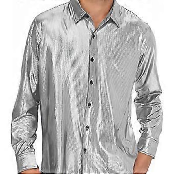 Disco Skjorter for Menn - Skinnende Langermet Skjorte (3XL Sølv)