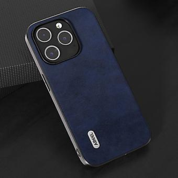 Kalveskinns-PU-etui for iPhone 15 Pro (Blå)