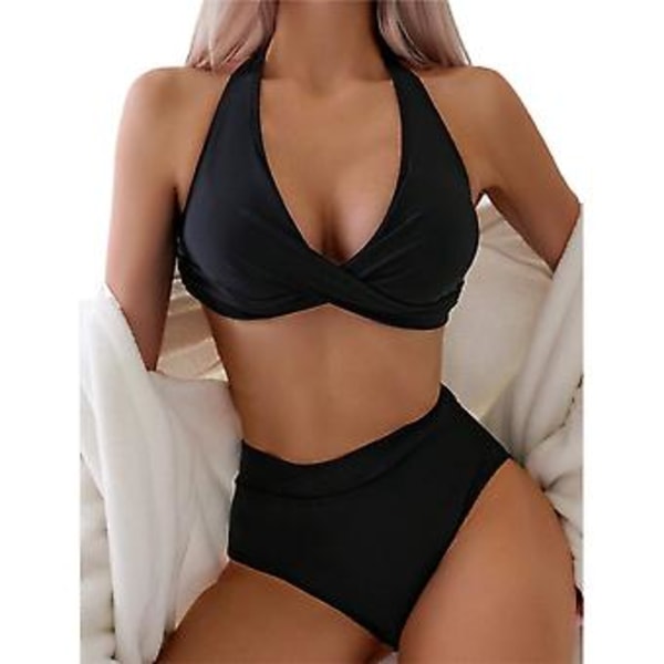 Padded Push Up Halter Bikini Set för Kvinnor, Högmidje Badkläder, Sommar Strand Badkläder, Badkläder, Simdräkter (XL Svart)