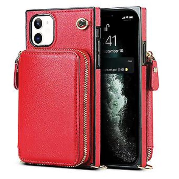 Plånboksfunktion Telefonfodral för Iphone 11 med Korthållare Axelrem Kvinna (Röd)